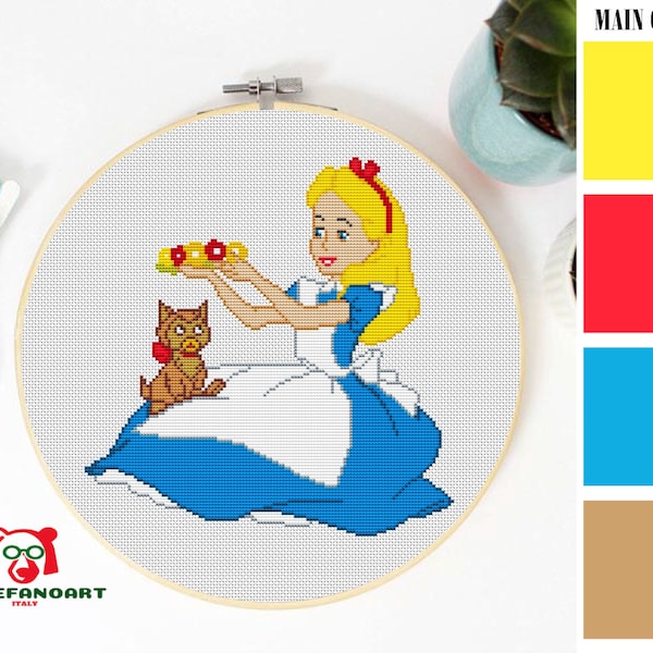 ALICE In WONDERLAND kruissteekpatroon pdf, borduurgrafiek, wanddecoratie, thee cartoon meisje telpatroon, direct downloaden