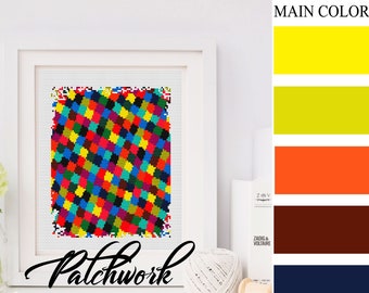 PATCHWORK Cross Stitch Pattern PDF, Embroidery Modern Chart Decor, Mosaic Puzzles Needlework Counted Cross Stitch Chart, Instant Download