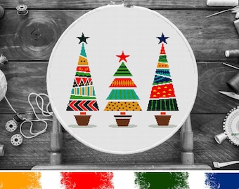 Sapins de Noël, modèle PDF de point de croix, broderie moderne, décoration géométrique, hiver, mosaïque, puzzles, grille de point de croix compté, téléchargement immédiat