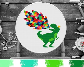 Motif géométrique au point de croix dinosaure T-Rex, motif de broderie dinosaure, grille de point de croix rex thé, téléchargement PDF Design coloré