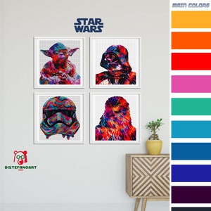 Conjunto de padrões de ponto cruz STAR WARS em PDF, Mestre Yoda, Darth Vader, Capitã Phasma, Chewbacca, Gráfico de ponto cruz Decoração de parede fofa, Baixar