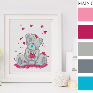 TEDDY BEAR With Hearts Cross Stitch Pattern PDF, Embroidery Nursery Baby Animal Bear In Love Counted Cross Stitch Chart, Instant Download