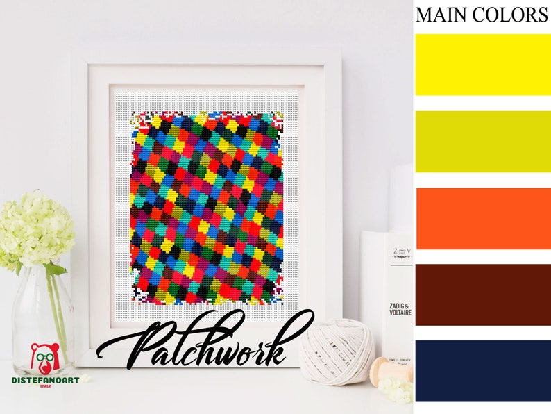 Peut inclure: Une impression d'art abstrait encadr&eacute;e avec un motif patchwork pr&eacute;sentant une vari&eacute;t&eacute; de couleurs, notamment le rouge, le jaune, le bleu, le vert et le noir. L'impression est intitul&eacute;e "Patchwork".