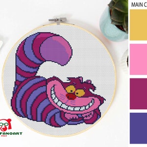 GATO DE CHESHIRE, ALICIA, Patrón de punto de cruz PDF, Gráfico de bordado, Linda decoración de pared para guardería, Gráfico de punto de cruz contado de animales, Descarga instantánea