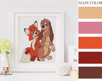 The Fox And The Hound Cross Stitch Pattern PDF, 113 x 109 Stitches
