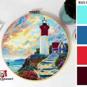 Lighthouse Cross Stitch Pattern PDF, Embroidery Chart Cute Nursery Wall Decor, Landscape Easy Counted Cross Stitch Chart, Instant Download