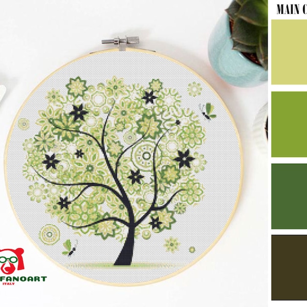 AUTUMN TREE Cross Stitch Pattern PDF, Embroidery Chart Cute Wall Decor, Green Nature Life Tree Counted Cross Stitch Chart, Instant Download