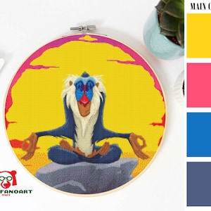 MEDITATING RAFIKI Kreuzstich Stickmuster PDF, Stickdatei Süßes Dekor, König der Löwen Affen Kreuzstichvorlage, Instant Download