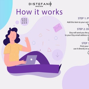 Peut inclure: Illustration montrant les &eacute;tapes pour acheter, t&eacute;l&eacute;charger et imprimer un fichier num&eacute;rique. Une femme est assise sur un nuage violet, utilisant un ordinateur portable, avec une bulle de pens&eacute;e au-dessus de sa t&ecirc;te qui dit "XXX XXX XXX".