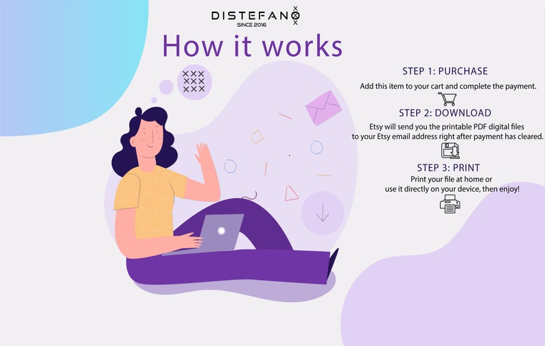 Peut inclure: Illustration montrant les &eacute;tapes pour acheter, t&eacute;l&eacute;charger et imprimer un fichier num&eacute;rique. Une femme est assise sur un nuage violet, utilisant un ordinateur portable, avec une bulle de pens&eacute;e au-dessus de sa t&ecirc;te qui dit "XXX XXX XXX".