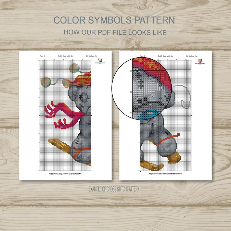 Peut inclure: Un mod&egrave;le de points de croix avec des symboles de couleur, montrant un ours en peluche avec un chapeau et une &eacute;charpe rouges, chevauchant un balai. Le mod&egrave;le est divis&eacute; en deux pages, la premi&egrave;re page montrant la t&ecirc;te de l'ours et la deuxi&egrave;me page montrant le corps et les jambes de l'ours. Le mod&egrave;le est intitul&eacute; "Teddy Bear with Ski" et "Exemple de point de croix".