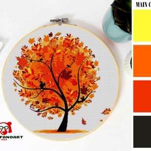 FALL TREE Cross Stitch Pattern PDF, Embroidery Chart Cute Wall Decor, Yellow Fall Autumn Leaves Counted Cross Stitch Chart, Instant Download