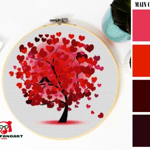 LOVE TREE Cross Stitch Pattern PDF, Embroidery Chart Cute Wall Decor, St. Valentine Red Hearts Counted Cross Stitch Chart, Instant Download