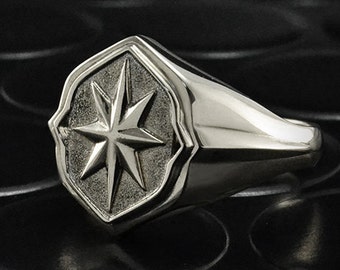 Rose of wind signet ring, Silver signet ring, Unique silver ring, Wide silver ring, Nature signet ring, Silver ring for him, 925 Silver
