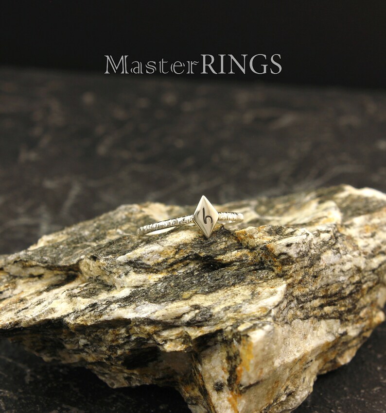 Initial minimal tree bark durable ring with engraved rhombus made in sterling silver or 14k solid gold for your friend