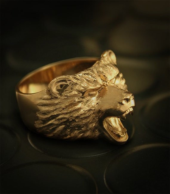 Grizzly Mens Signet Ring Bear Gold Signet Ring Biker Ring Etsy