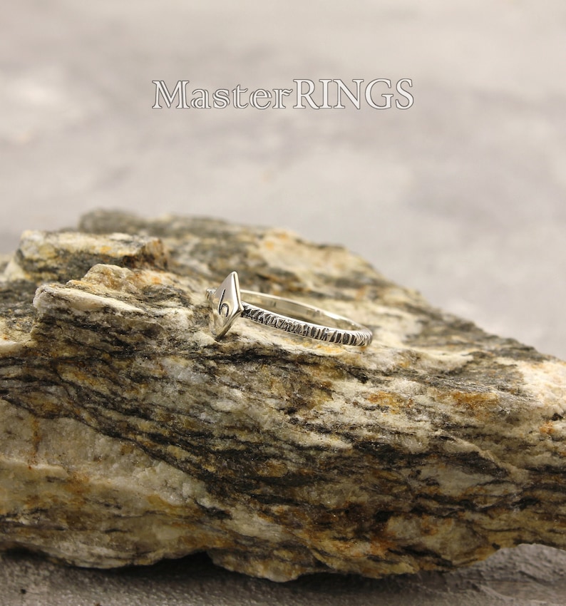 Initial minimal tree bark durable ring with engraved rhombus made in sterling silver or 14k solid gold for your friend