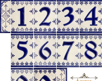 Handmade Ceramic House Number tiles Blue Dolls - Large size