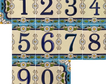 Handmade Ceramic House Number tiles DAISY in blue