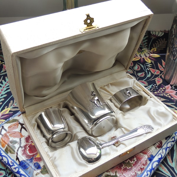 Baptismal set in silver metal with Bambi decor, art-deco period