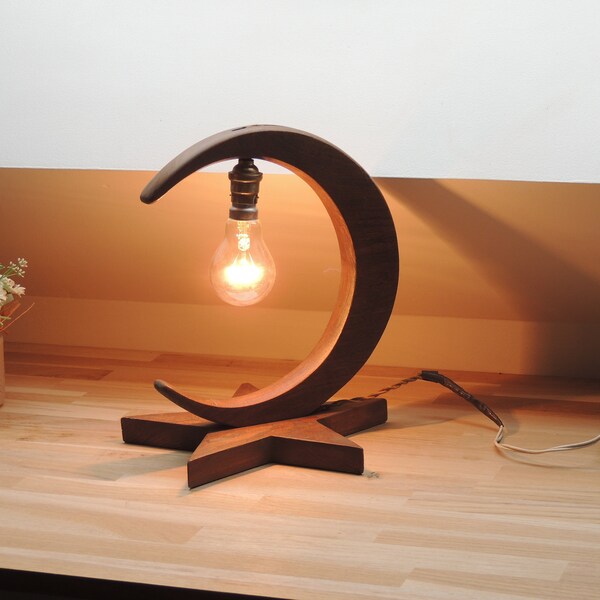 Franse lamp ontwerp van de jaren '50 Houten lamp de maan en de ster