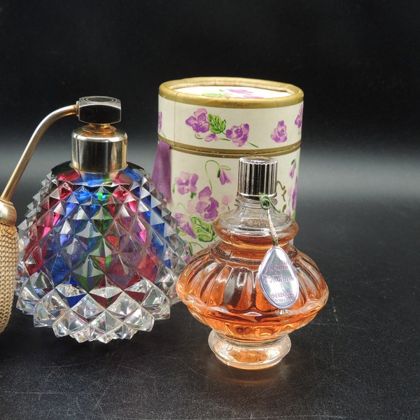Ensemble Flacon de parfum Violettes de Toulouse Berdoues et vaporisateur pointes de diamant vintage réf/183/185