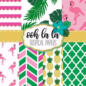 Tropical digital paper, Printable planner stickers, Tropical clip art, digital scrapbook paper, Flamingo, pineapple,  Pineapple paper, leaf