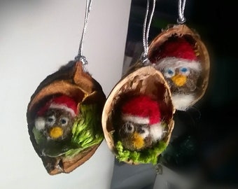 3 Mini Robin in Walnut shell, Christmas Robin wool felted birds,handmade Christmas birds,Cute robins,Xmas birds,unique Christmas ornaments