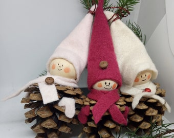 3 Pinecone elf friends,felted big hat Elf set of 3,Christmas tree hangings elf, cute pinecone elf,natural ornaments pinecone elf,winter elf