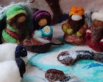 Nativity scene in suitcase,Wet felted needle felted nativity, Christmas Nativity,wool natural play mat,Waldorf inspired gift, festive cosy