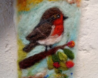 Christmas robin original woolpainting, needle felted robin, mantelpiece decor robin, garden birds, British garden birds, handmade bird gift