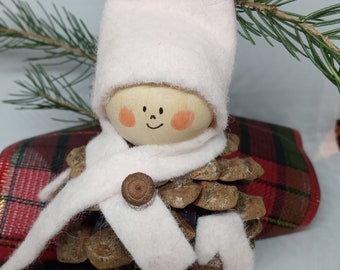 Pinecone elf,felted big light pink hat Elf, Christmas tree hanging gnome, cute pine cone elf,natural ornaments cone elf,winter acorn elf
