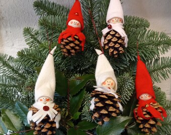 5 Pinecone elf friends,felted big hat Elf set of 5,Christmas tree hangings elf, cute pinecone elf,natural ornaments pinecone elf,winter elf
