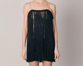 Vintage Party Tolles Gatsby Kleid - Sexy DDLG Kleid - Schwarzes Makramee Kleid - Roaring 1920s Flapper Kleid - Schwarzes Minikleid - Quaste Schwarzes Kleid