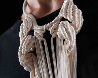 36. CERES NECKLACE-- Cream white sculptural jewelry long hand knotted necklace/ statement fringe neckpiece/macrame tassel warrior necklace/