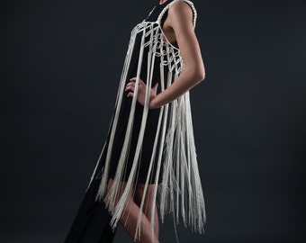 Coachella Partykleid - Creme weißes Makramee Kleid - Festival kleidung Fransenkleid - Sexy Göttinnenkleid - Kriegerkleid - Alternative Kleidung