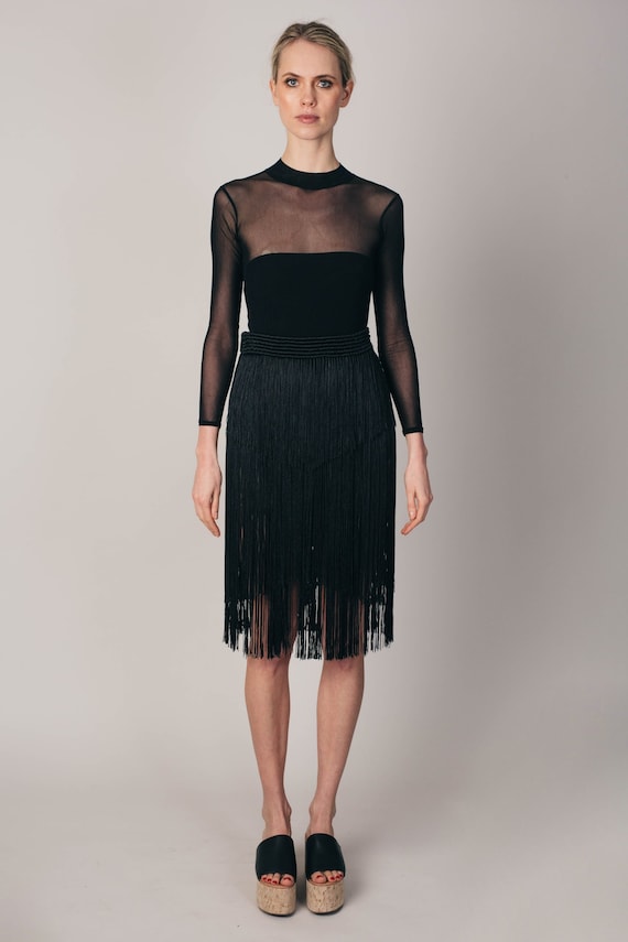 black fringe skirt midi