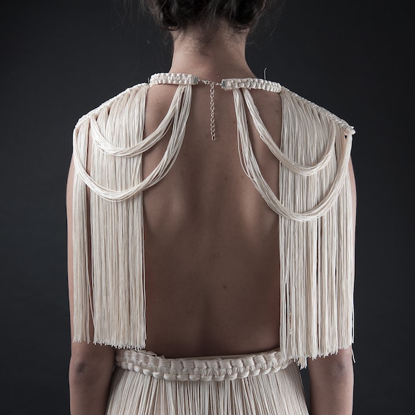 RESERVADO - Premios de diseño Etsy - Collar de hombro de marfil - crop top de flecos - traje de festival de charreteras - joyería macramé - tapa de borla