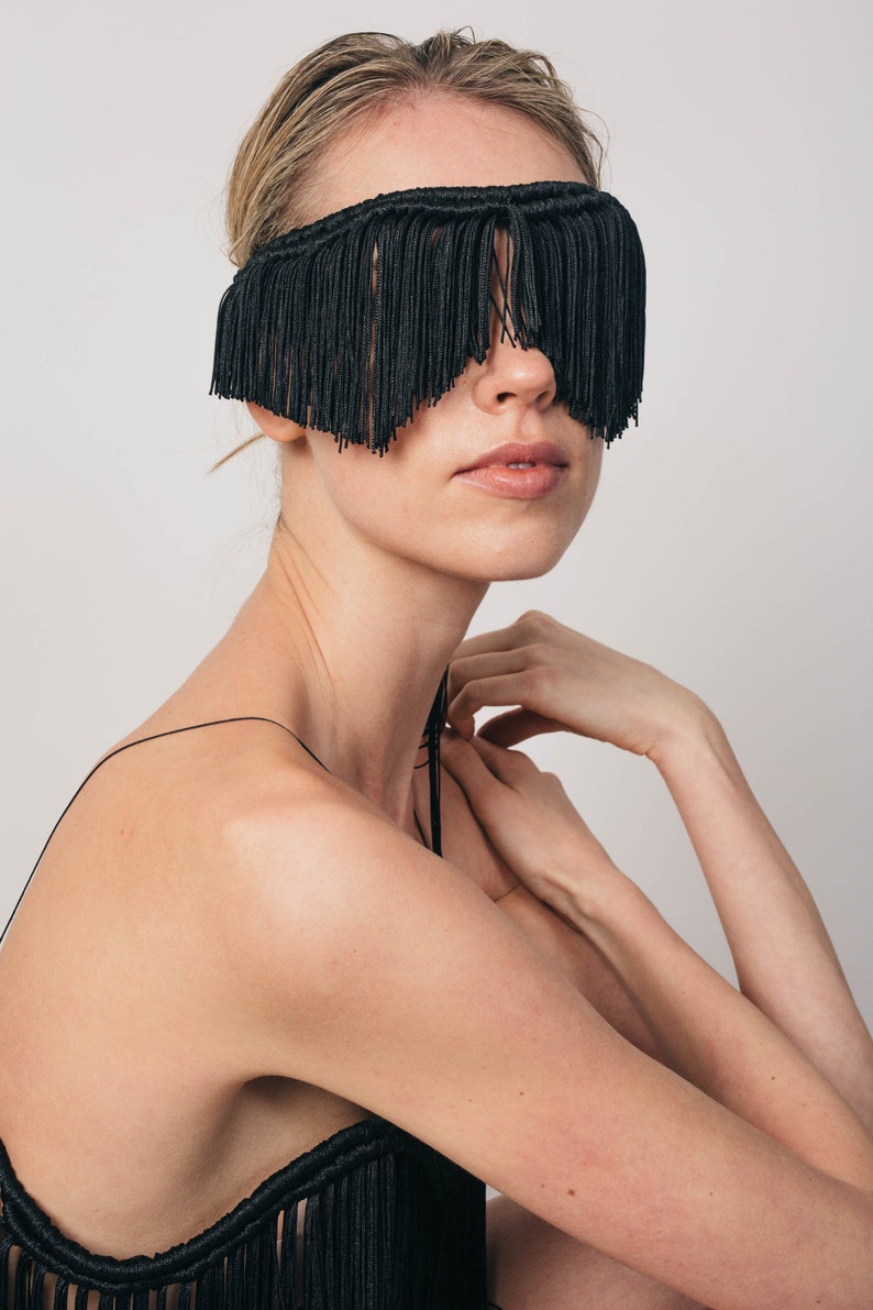 knotted fringe headpiece Fetish Jewellery Leather lingerie style CETO EYEMASK BLACK