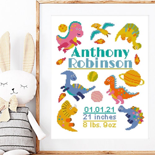 Baby Birth Announcement Cross Stitch Pattern Dinosaur and Etsy