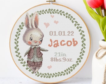 Baby Animals cross stitch pattern birth announcement rabbit, baby announcement cross stitch, personalized birth sampler #829