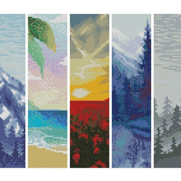 Set of 5 bookmarks cross stitch, mountain nature bookmark, beautiful ocean cross stitch,  palm cross stitch ocean  #721