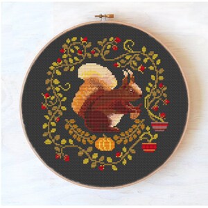 Squirrel cross stitch pattern ornament, funny animals, berries wreath cross stitching, cross stitch modern #803