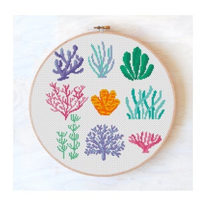 Embroidery hoop sea plants, Coral cross stitch pattern modern, home decor cross stitch, modern cross stitch ocean, #558