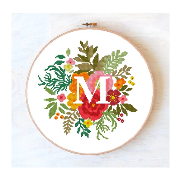 M Letter cross stitch pattern modern, Floral monogram modern cross stitch pattern, alphabet M, nursery cross stitch flower #514