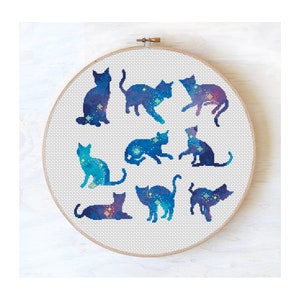 Galaxy 9 cats cross stitch pattern PDF, Modern sky cross stitch, nature, animal cat lovers gift #411