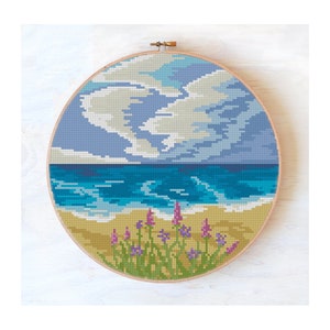 Sea cross stitch pattern beach, Cross stitch pattern landscape,flowers cross stitch, modern cross stitch pattern, ocean cross stitch, #389