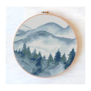Cross stitch pattern landscape, Fog in the mountains cross stitch pattern,watercolor modern cross stitch pattern fog, cross stitch mist #657