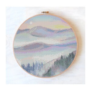 Fog in the forest cross stitch pattern, Cross stitch pattern landscape, Mountains modern cross stitch pattern, cross stitch fog, mist #645