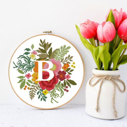 Letter B Counted Cross Stitch Pattern Monogram Floral Peony Etsy